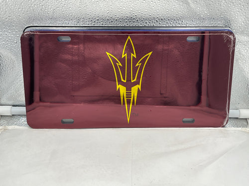 Arizona State Sun Devils NCAA Red Mirrored Laser Cut License Plate by Craftique, showcasing a vibrant design perfect for displaying school spirit with the keyword 'arizona state sun devils license plate'.