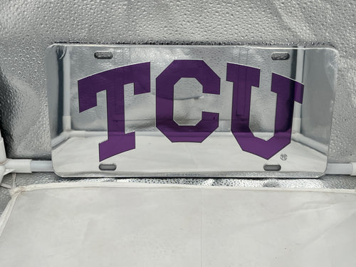 TCU Horned Frogs NCAA Silver Mirrored Laser Cut License Plate by Craftique, showcasing precision laser-cut design and reflective silver finish, perfect for displaying team pride on your vehicle.