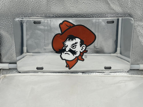 Oklahoma State Cowboys NCAA Silver Mirrored Laser Cut License Plate from Craftique, showcasing a reflective finish and intricate design, perfect for vehicle display and fan pride.