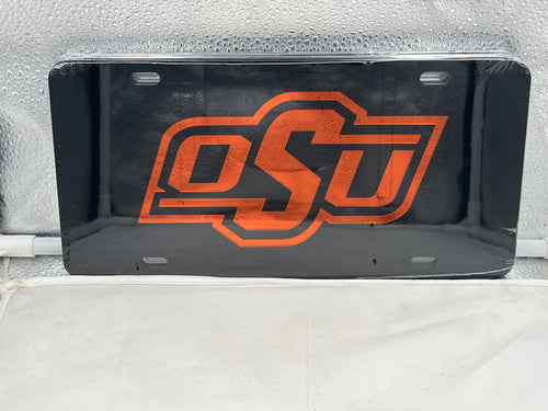 Oklahoma State Cowboys NCAA Black Mirrored Laser Cut License Plate Craftique, perfect for fans, showcasing the Oklahoma State Cowboys License Plate design.