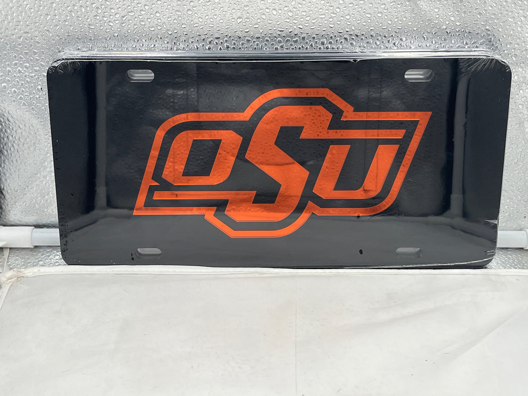 Oklahoma State Cowboys NCAA Black Mirrored Laser Cut License Plate Craftique, perfect for fans, showcasing the Oklahoma State Cowboys License Plate design.