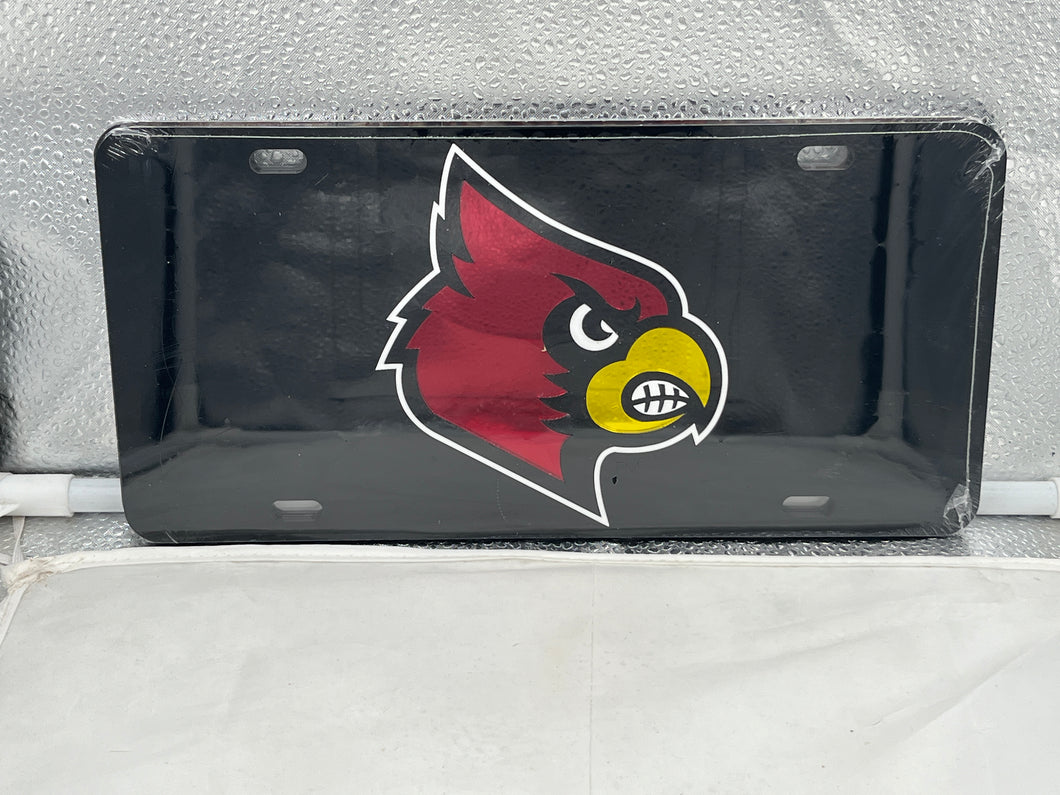 Louisville Cardinals NCAA Black Mirrored Laser Cut License Plate by Craftique showcasing stylish design and team spirit for die-hard fans.