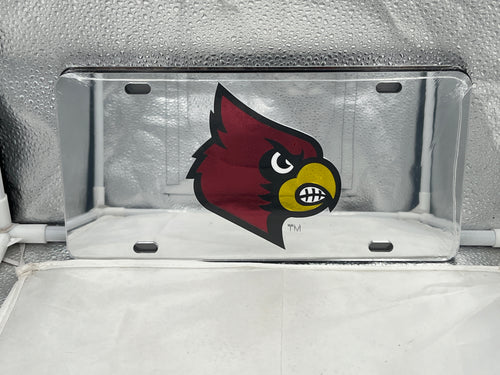 Louisville Cardinals NCAA Silver Mirrored Laser Cut License Plate by Craftique showcasing a stylish silver mirrored finish, ideal for displaying team spirit on your vehicle.