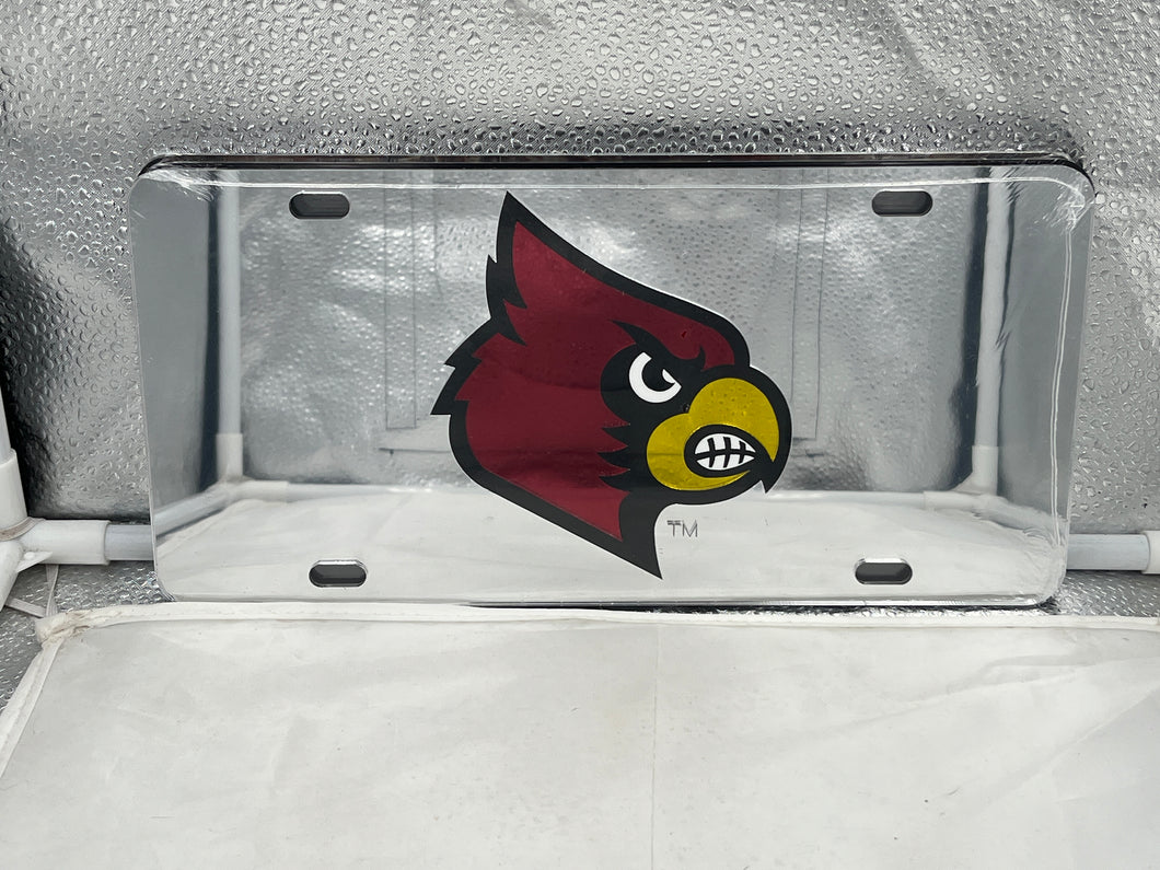 Louisville Cardinals NCAA Silver Mirrored Laser Cut License Plate by Craftique showcasing a stylish silver mirrored finish, ideal for displaying team spirit on your vehicle.