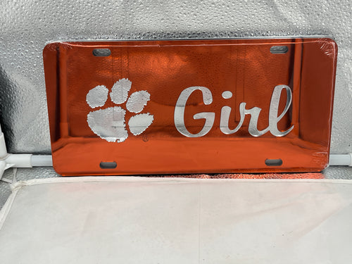 Clemson Tigers NCAA Orange Mirrored Laser Cut License Plate by Craftique showcasing vibrant design and sturdy materials perfect for car decor or fan memorabilia.