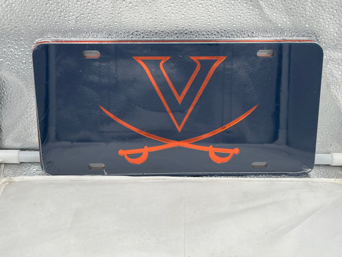 Virginia Cavaliers NCAA Blue Mirrored Laser Cut License Plate by Craftique, showcasing a sleek blue mirrored finish and prominently displaying the Virginia Cavaliers logo, perfect for vehicle styling and team spirit.