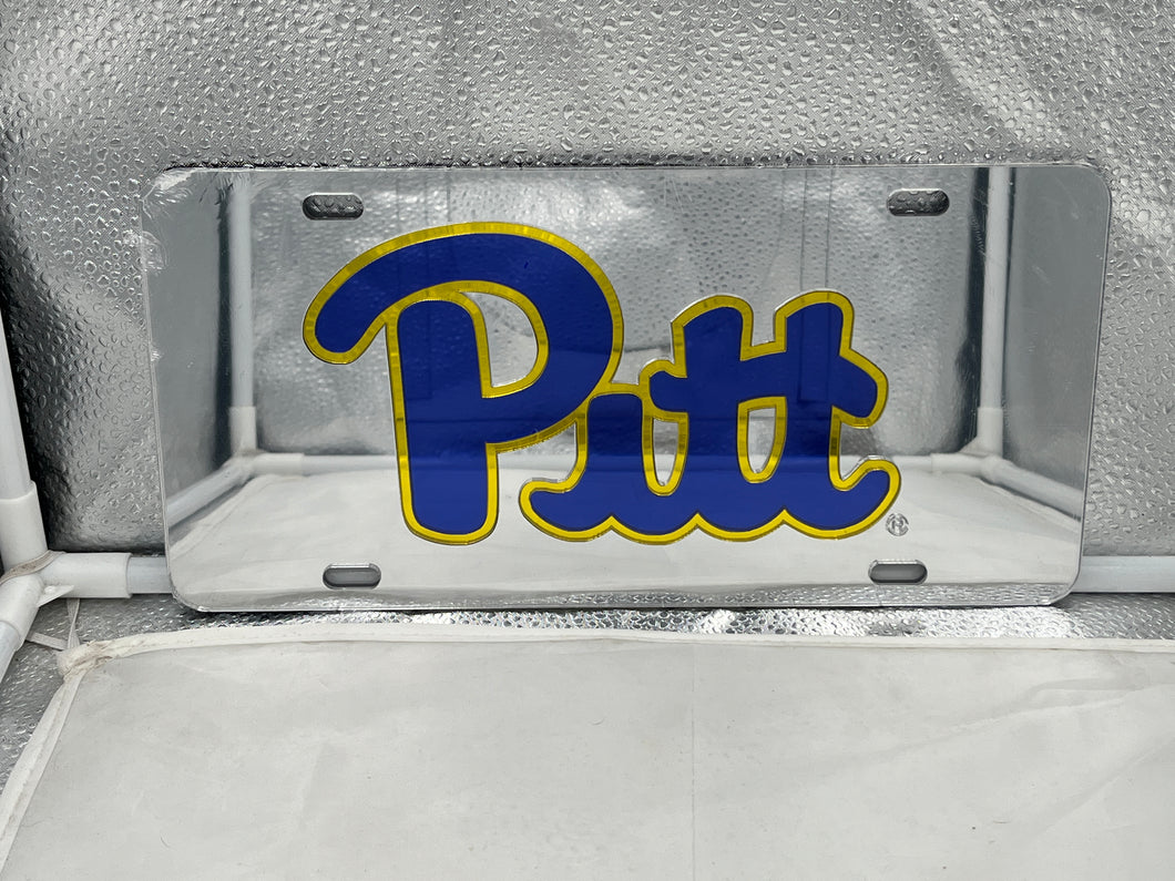 Pitt Panthers NCAA Silver Mirrored Laser Cut License Plate by Craftique displaying a sleek and stylish design, perfect for showcasing team spirit on any vehicle.