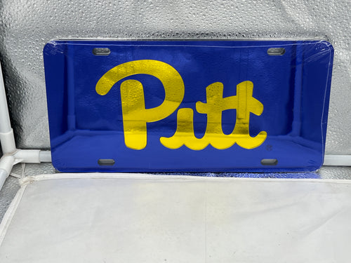 Pitt Panthers NCAA Blue Mirrored Laser Cut License Plate from Craftique showcasing vibrant blue color and intricate laser cut design, perfect for proudly displaying team loyalty on any vehicle.