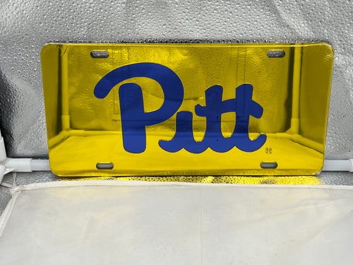 Pitt Panthers NCAA Yellow Mirrored Laser Cut License Plate Craftique featuring vibrant yellow finish and detailed laser cut logo, perfect for showcasing school spirit and pride on any vehicle.