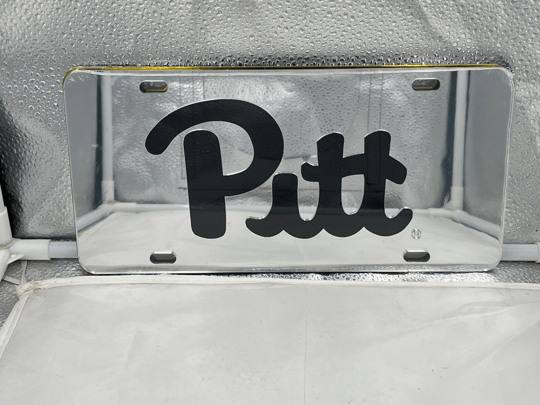Pitt Panthers NCAA Silver Mirrored Laser Cut License Plate by Craftique, showcasing a stylish silver finish and detailed laser-cut design, perfect for vehicle display to show off team spirit.