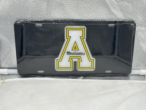 Appalachian State Mountaineers NCAA Black Laser Cut License Plate Craftique, featuring an intricately designed Appalachian State license plate.