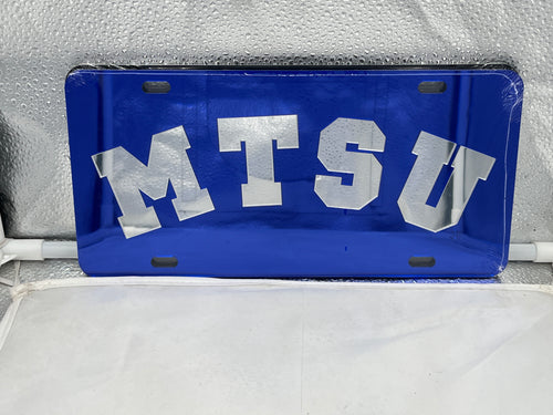 Middle Tennessee St Blue Raiders NCAA Mirrored LaserCut License Plate by Craftique showcasing team logo with a reflective finish, perfect for displaying team spirit on vehicles.