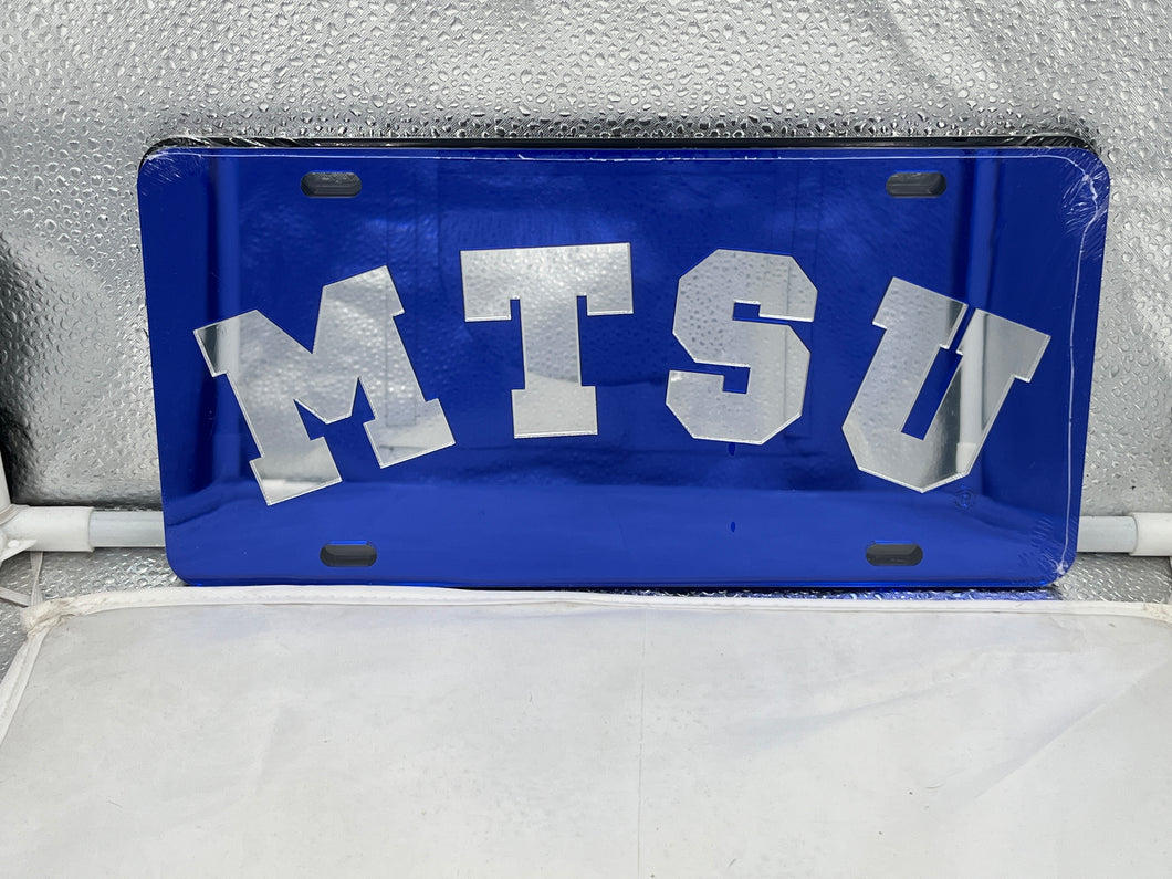 Middle Tennessee St Blue Raiders NCAA Mirrored LaserCut License Plate by Craftique showcasing team logo with a reflective finish, perfect for displaying team spirit on vehicles.