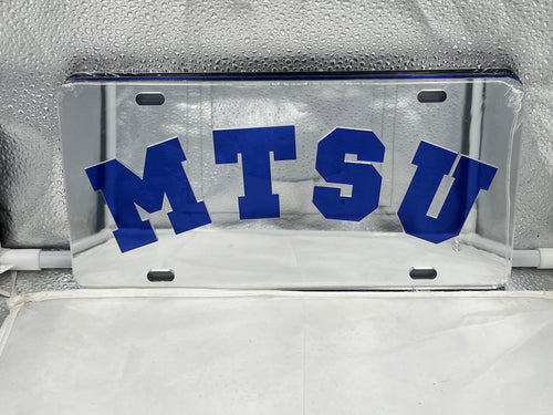 Middle Tennessee St Blue Raiders NCAA Mirrored LaserCut License Plate by Craftique showcasing a striking mirrored design with vibrant colors and detailed laser-cut emblem.