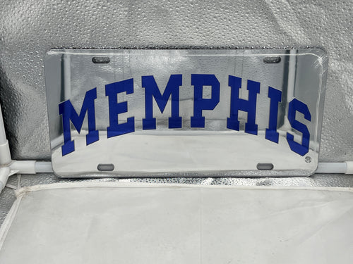 Memphis Tigers NCAA Silver Mirrored LaserCut License Plate by Craftique, showcasing a stylish silver mirrored finish and laser-cut design, perfect for displaying team pride on vehicles or as home decor.