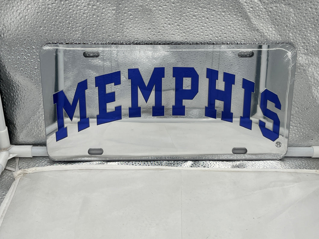 Memphis Tigers NCAA Silver Mirrored LaserCut License Plate by Craftique, showcasing a stylish silver mirrored finish and laser-cut design, perfect for displaying team pride on vehicles or as home decor.