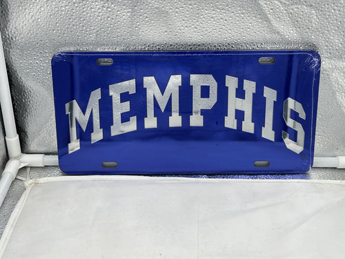 Memphis Tigers NCAA Blue Mirrored Laser Cut License Plate by Craftique, featuring a bold design showcasing the Memphis Tigers logo with a vibrant blue mirrored finish.