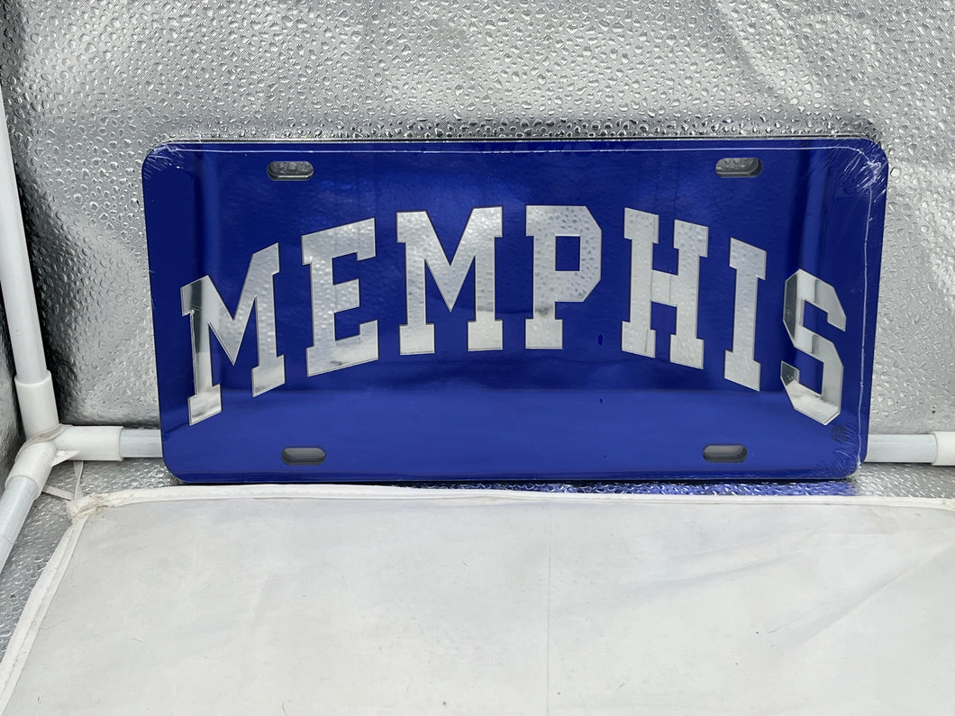 Memphis Tigers NCAA Blue Mirrored Laser Cut License Plate by Craftique, featuring a bold design showcasing the Memphis Tigers logo with a vibrant blue mirrored finish.