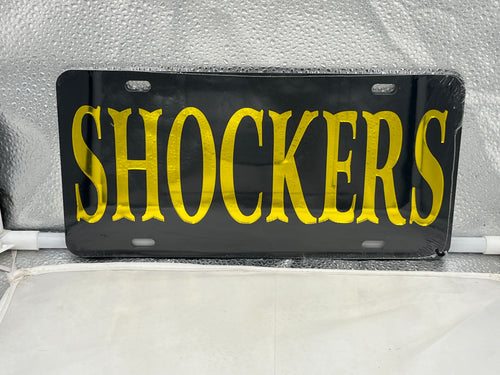 Wichita State Shockers NCAA Black Mirrored Laser Cut License Plate by Craftique showcasing a modern design with sleek black finish and mirrored laser cut details, perfect for displaying school pride on vehicles.