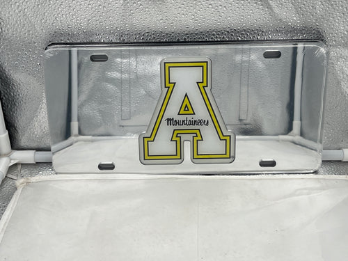 Appalachian State Mountaineers NCAA Mirrored Laser Cut License Plate Craftique, featuring a sleek design perfect for fans, showcasing an Appalachian State license plate to enhance your vehicle's style.