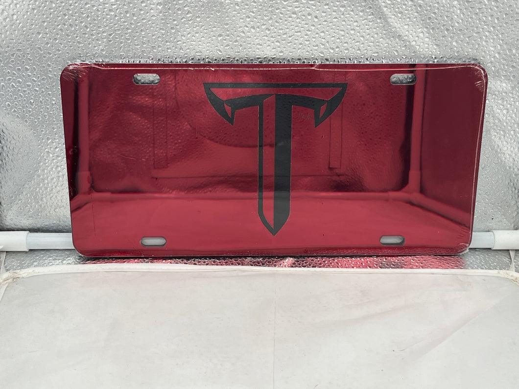Troy Trojans NCAA Red Mirrored Laser Cut License Plate by Craftique showcasing vibrant red and mirrored finishes, designed for fans to display their school spirit on their vehicles.