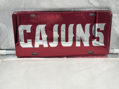 Louisiana-Lafayette Ragin Cajuns NCAA Mirrored LaserCut License Plate featuring a stylish mirrored surface and laser-cut design, ideal for showcasing team spirit on your vehicle.