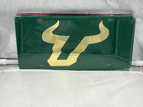 South Florida Bulls USF NCAA Green Mirrored Laser Cut License Plate by Craftique, showcasing vibrant green mirrored finish and laser-cut logo, perfect for displaying team spirit on vehicles.