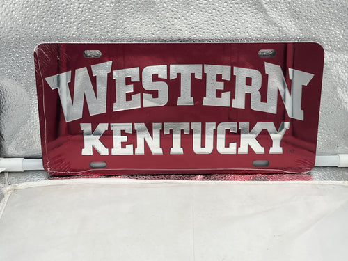 Western Kentucky Hilltoppers NCAA Red Mirrored Laser Cut License Plate by Craftique, showcasing a vibrant red reflective finish and detailed logo design, perfect for expressing team spirit and enhancing vehicle aesthetics.