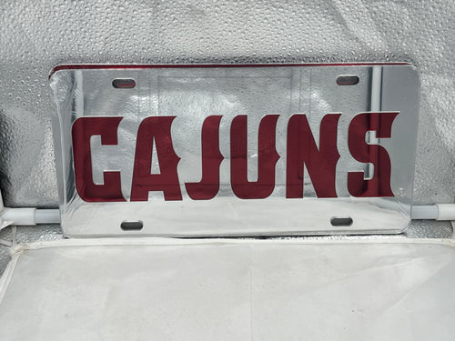Lousiana-Lafayette Ragin Cajuns NCAA Mirrored LaserCut License Plate by Craftique, showcasing a reflective mirror finish and unique laser-cut design, perfect for supporting your favorite college team.
