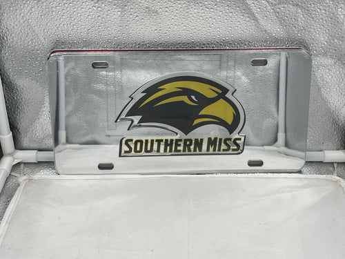 Southern Miss Golden Eagles NCAA Mirrored Laser Cut License Plate from Craftique showcasing a reflective design suited for vehicle display, perfect for fans and alumni.