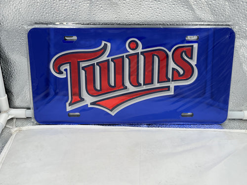Minnesota Twins MLB Blue Acrylic Lasercut License Plate by WinCraft featuring vibrant colors and precise lasercut details, perfect for showcasing team pride on your vehicle.