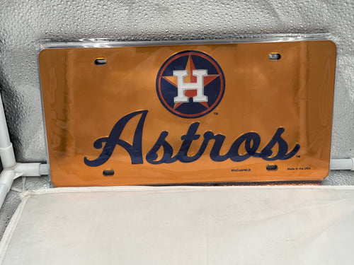 Houston Astros MLB Orange Acrylic Lasercut License Plate by WinCraft, showcasing vibrant orange color and unique lasercut design for die-hard Astros fans.