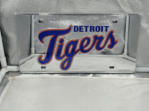Detroit Tigers MLB Silver Acrylic Lasercut License Plate by WinCraft showcasing the iconic logo with sleek silver finish, perfect fan gear for car and truck enthusiasts.