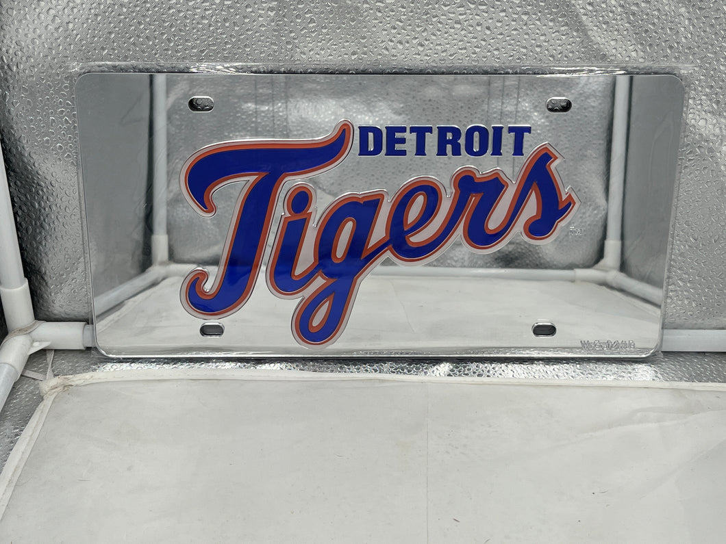 Detroit Tigers MLB Silver Acrylic Lasercut License Plate by WinCraft showcasing the iconic logo with sleek silver finish, perfect fan gear for car and truck enthusiasts.