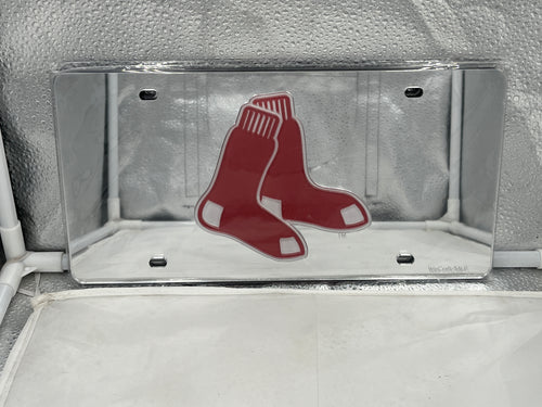 Boston Red Sox MLB Silver Lasercut License Plate from WinCraft, showcasing the iconic team logo in striking silver finish, ideal for displaying team spirit on vehicles.