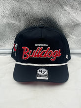 Load image into Gallery viewer, Georgia Bulldogs NCAA &#39;47 Brand Black Script Hitch Adjustable Snapback Hat showcasing bold script logo on a stylish black background, perfect for game day or casual outings.
