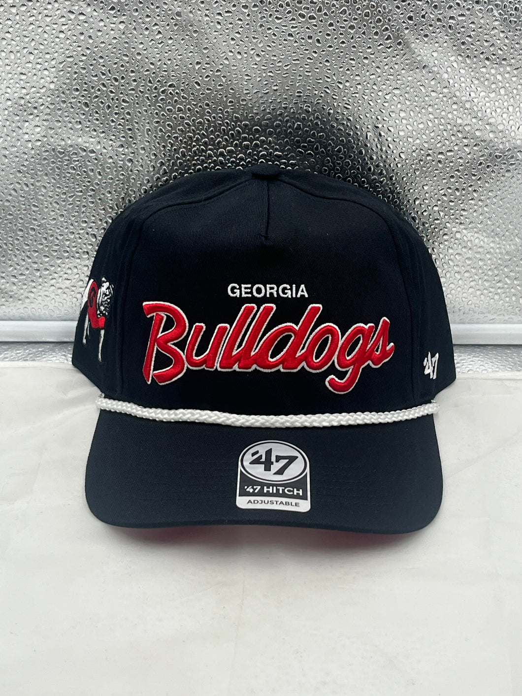 Georgia Bulldogs NCAA '47 Brand Black Script Hitch Adjustable Snapback Hat showcasing bold script logo on a stylish black background, perfect for game day or casual outings.