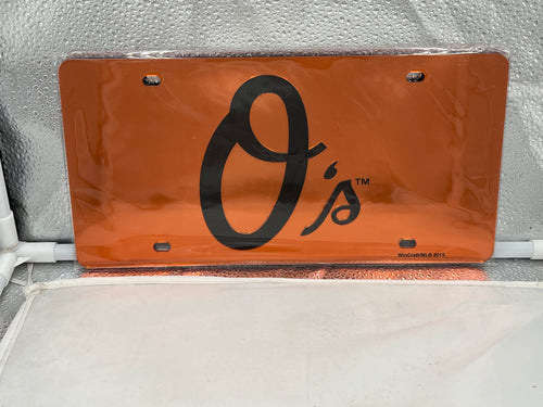 Baltimore Orioles MLB Orange Acrylic Lasercut License Plate from WinCraft showcasing a vibrant lasercut logo, perfect for displaying team pride on vehicles or in home decor.