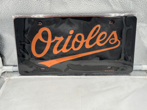 Baltimore Orioles MLB Black Acrylic Lasercut License Plate by WinCraft showcasing a striking black finish and vibrant team logo, perfect for car enthusiasts and baseball fans.