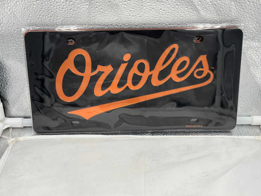 Baltimore Orioles MLB Black Acrylic Lasercut License Plate by WinCraft showcasing a striking black finish and vibrant team logo, perfect for car enthusiasts and baseball fans.