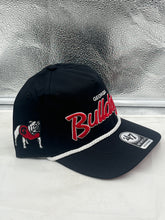 Load image into Gallery viewer, Side view of the Georgia Bulldogs NCAA &#39;47 Brand Black Script Hitch Adjustable Snapback Hat displaying the adjustable strap design and sleek black color.

