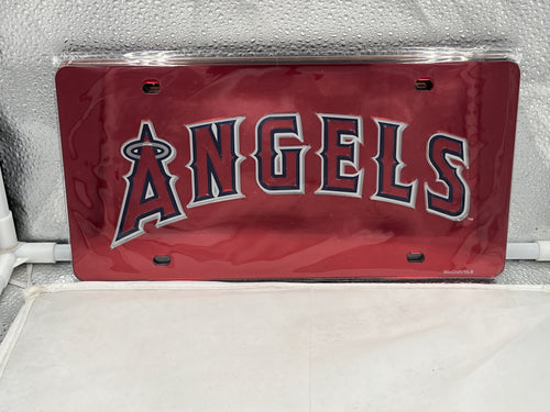 Los Angeles Angels MLB Red Acrylic Lasercut License Plate by WinCraft showcasing vibrant red color and iconic Angels logo, perfect for displaying team pride on vehicles or home decor.