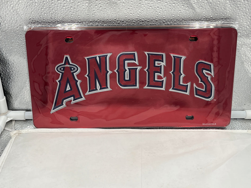 Los Angeles Angels MLB Red Acrylic Lasercut License Plate by WinCraft showcasing vibrant red color and iconic Angels logo, perfect for displaying team pride on vehicles or home decor.