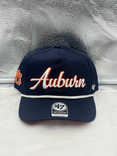 Load image into Gallery viewer, Auburn Tigers NCAA &#39;47 Brand Blue Script Hitch Rope Adjustable Snapback Hat displayed on a mannequin head, showcasing the stylish blue design and script logo.
