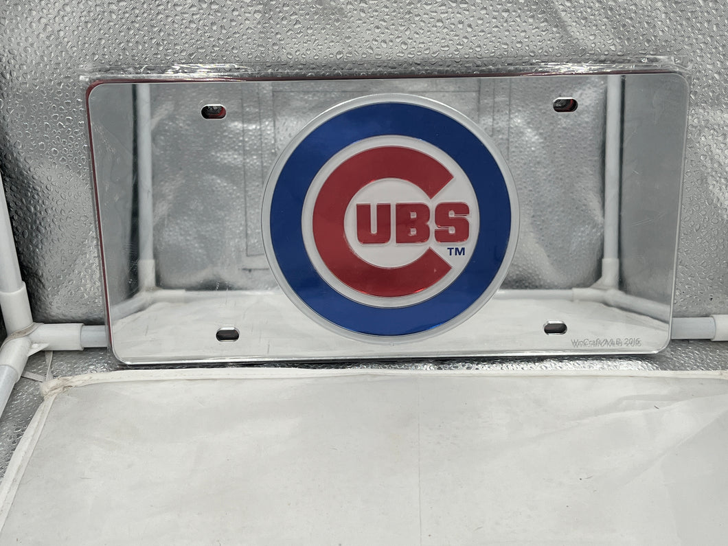 Chicago Cubs MLB Silver Lasercut License Plate by WinCraft featuring a sleek silver finish and iconic team logo, designed for die-hard Cubs fans to showcase their loyalty on vehicles.