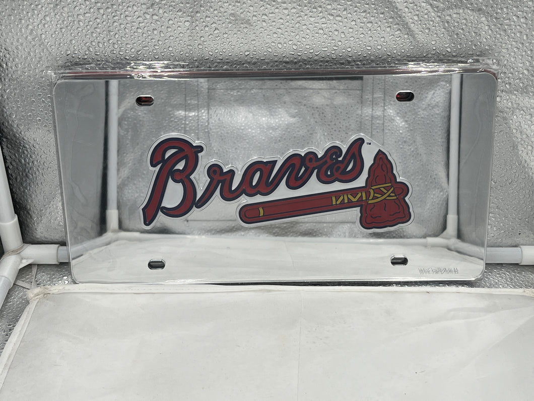 Atlanta Braves MLB Silver Lasercut License Plate from WinCraft, featuring a detailed design perfect for fans, ideal for showing support with this Atlanta Braves License Plate.