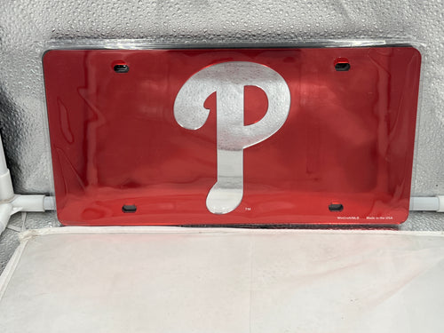 Philadelphia Phillies MLB Red Lasercut License Plate by WinCraft showcasing vibrant red background and iconic Phillies logo, perfect for displaying team spirit on your vehicle.