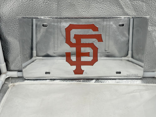 San Francisco Giants MLB Silver Lasercut License Plate by WinCraft showcasing a sleek silver design with the iconic Giants logo, perfect for displaying team pride on vehicles or in man caves.