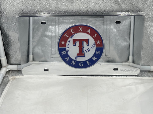 Texas Rangers Silver Acrylic Lasercut License Plate by WinCraft - Durable & Stylish Fan Gear showcasing the team's iconic logo with a shiny silver finish, perfect for displaying Texas Rangers pride on your vehicle.