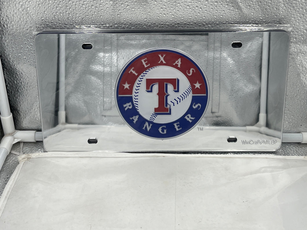 Texas Rangers Silver Acrylic Lasercut License Plate by WinCraft - Durable & Stylish Fan Gear showcasing the team's iconic logo with a shiny silver finish, perfect for displaying Texas Rangers pride on your vehicle.